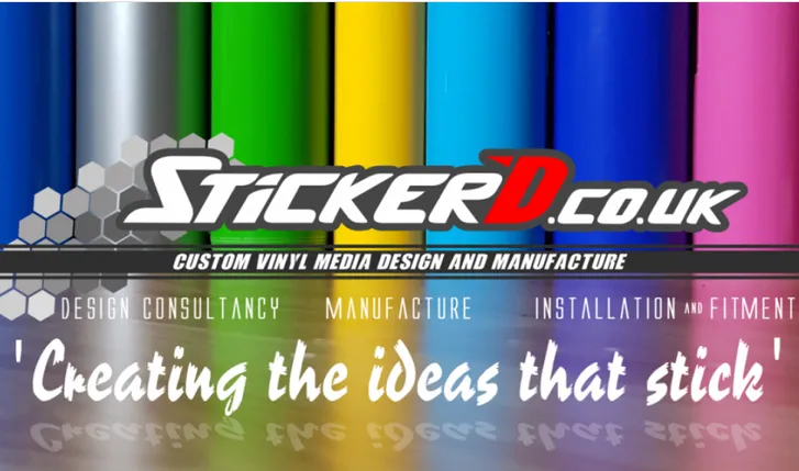 StickerD banner over rolls of coloured vinyl: custom vinyl media design and manufacture.